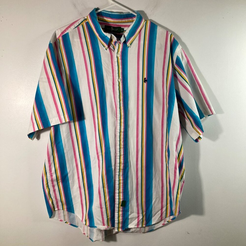 Mens Hunt Club Striped Button Shirt Short Sleeve XL White Blue Pink Yellow Cotto